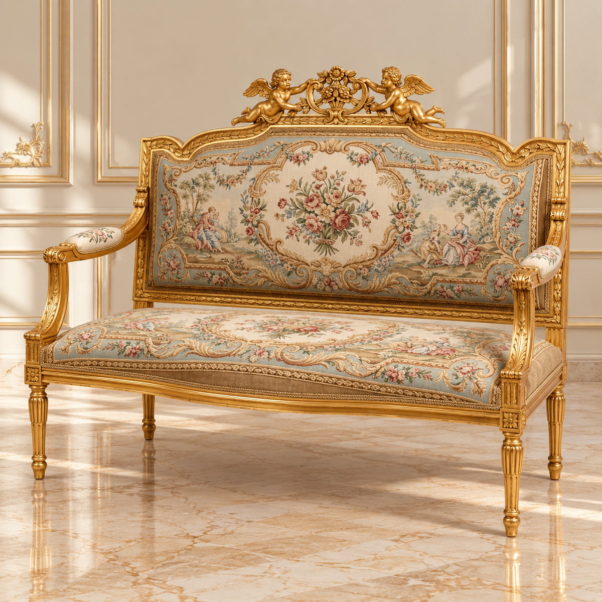 French Louis XVI-Style Sofa – Gold Leaf Carved Frame with Floral Damask Upholstery