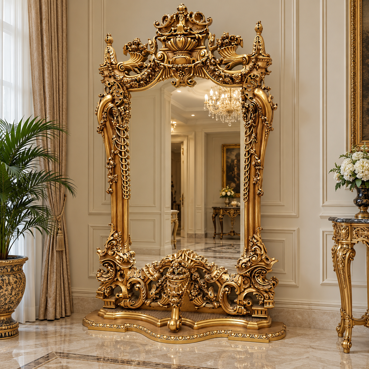 Grand French Rococo Wall Mirror – Extraordinary Gold Leaf Frame with Sculptural Floral & Scrollwork Details