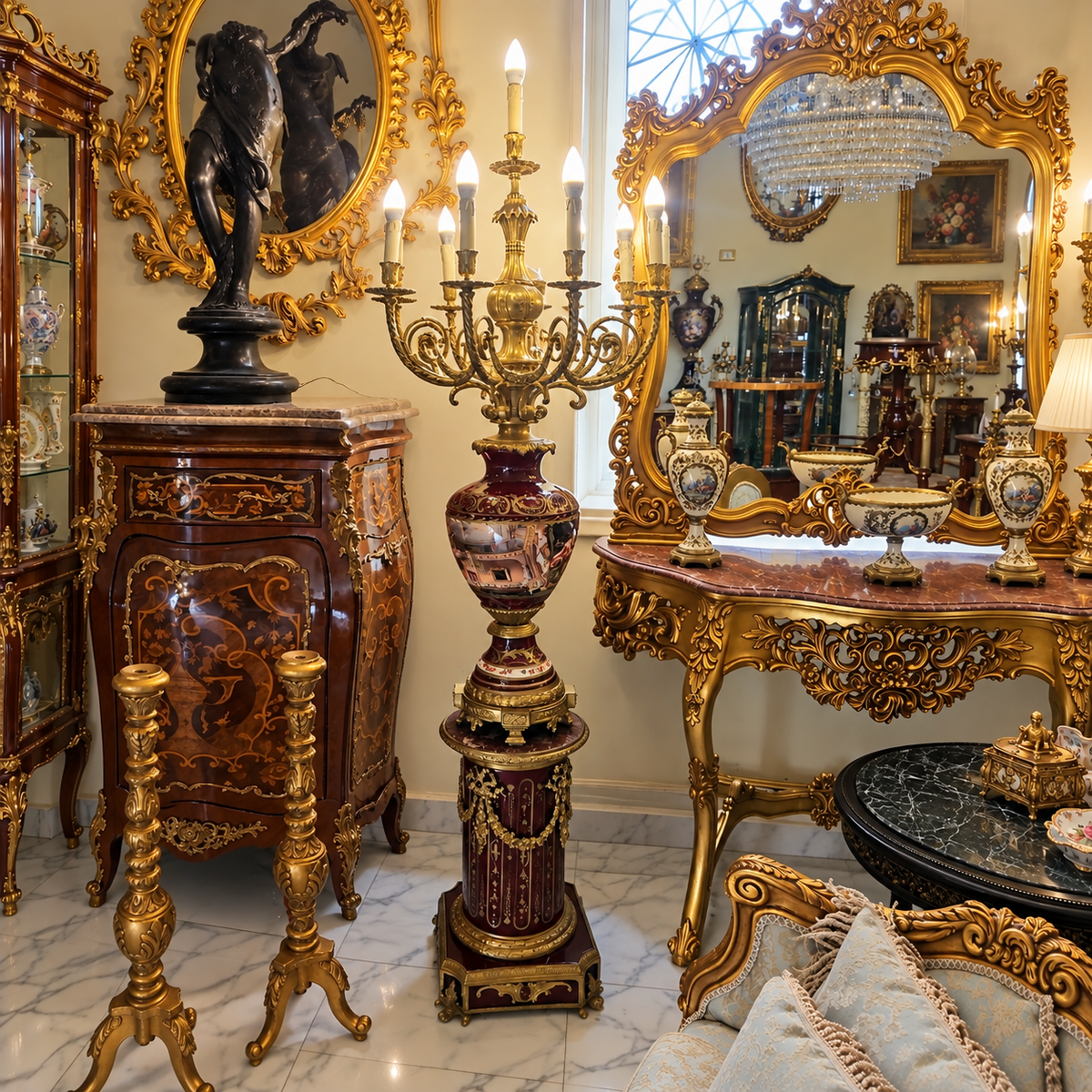 Burgundy Royal Splendor – Louis XVI-Inspired Porcelain Candelabra on Gilded Pedestal with Ornate Bronze Detailing