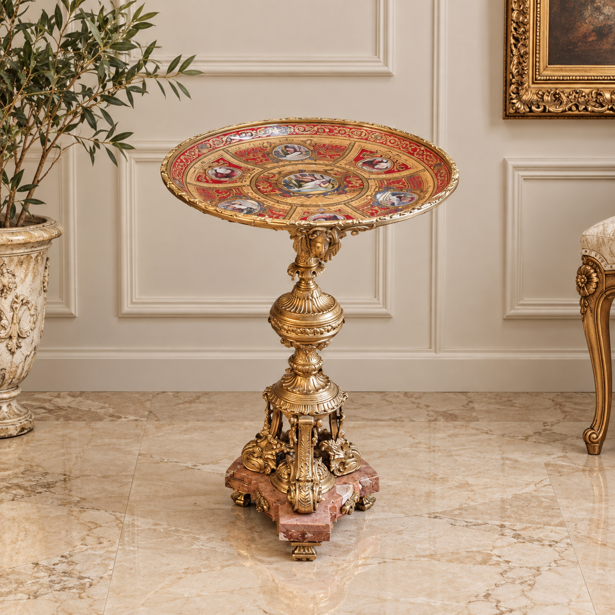 French Louis XV Style Gilded Bronze and Gold Leaf Side Table with Decorative Figural Inlays and Ornate Sculptural Base