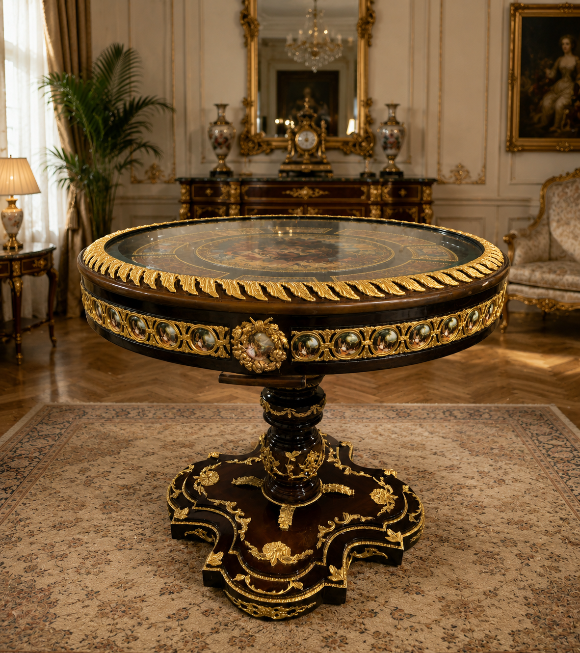 Grand French Rococo Round Dining Table – Ornate Gold Leaf Details & Decorative Hand-Painted Inlays