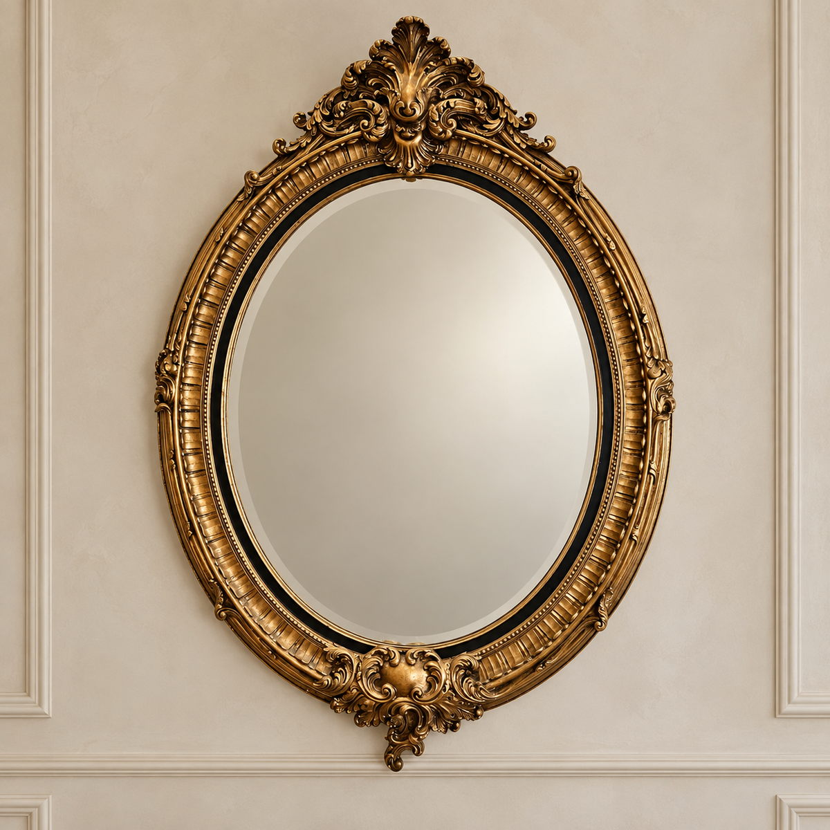 French-Inspired Oval Wall Mirror – Ornate Gilded Frame with Sculpted Bow Accent