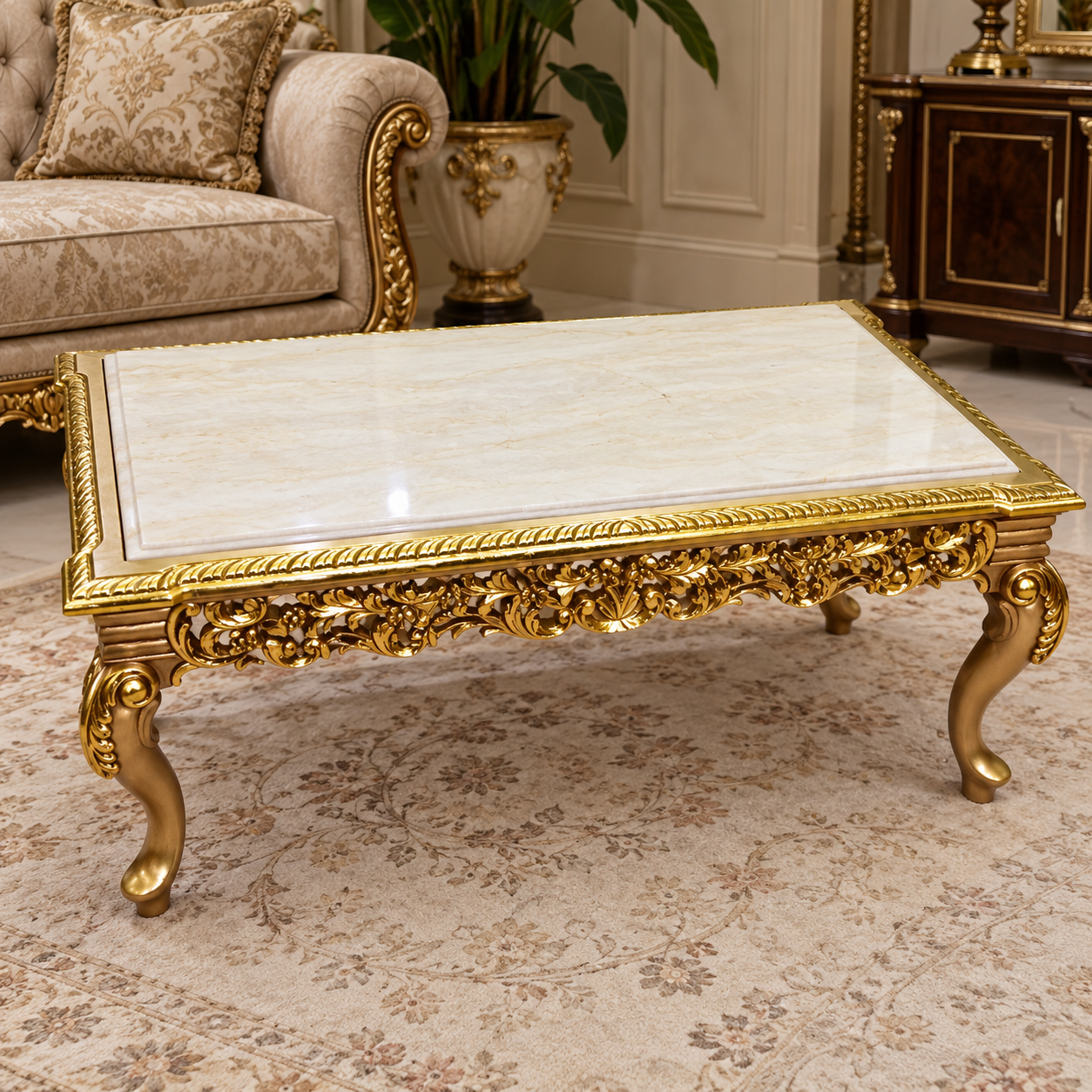Elegant French Louis XV Style Coffee Table – Ornate Gold Leaf Frame with Marble Top