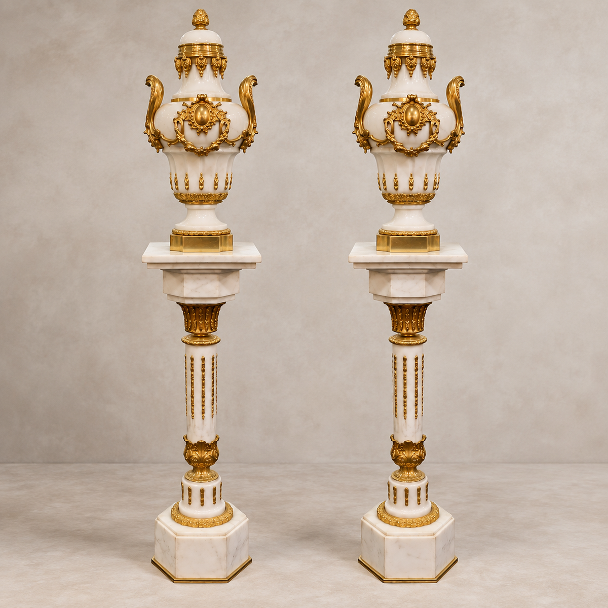 French Empire Style White Marble Pedestal with Porcelain Vase, Bronze Mounts, Gold Leaf and Sculpted Details