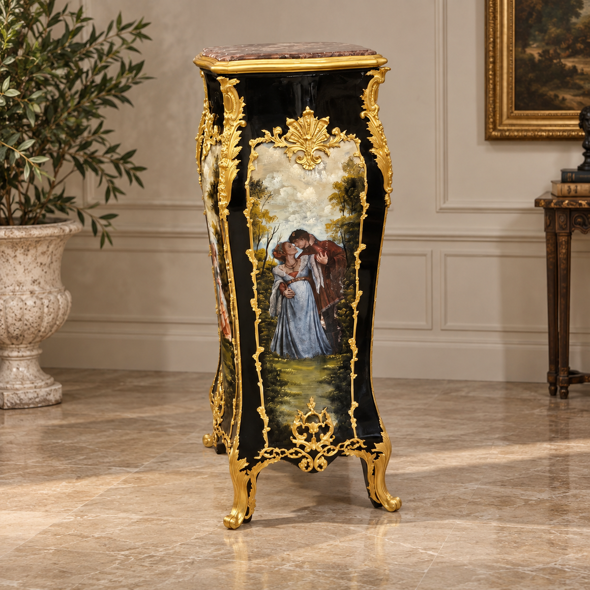 French-Style Hand-Painted Pedestal – Marble Top with Ornate Gold Leaf Accents