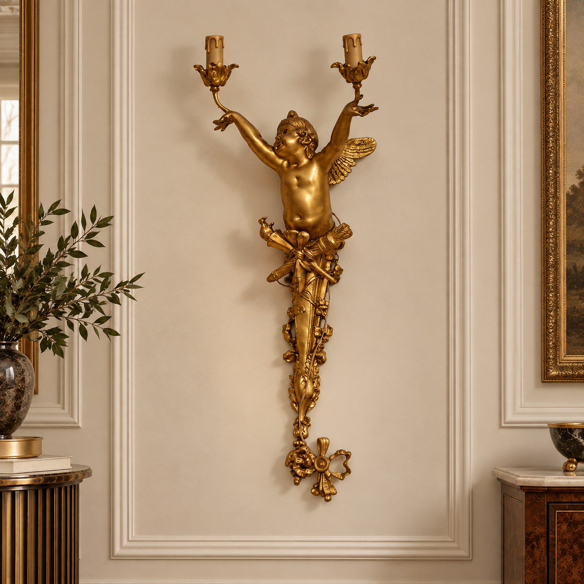 French Rococo Cherub Wall Sconce – Gilded Bronze & Gold Leaf Two-Light Decorative Applique