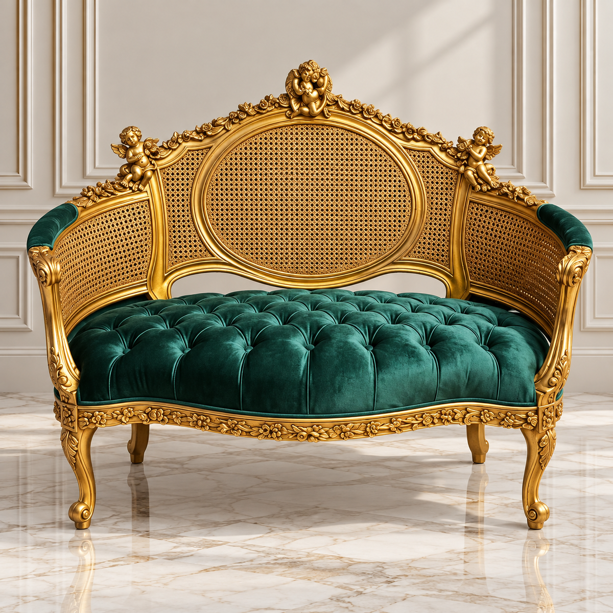 French-Style Tufted Sofa – Green Velvet, Ornate Gold Leaf Frame & Cane Back
