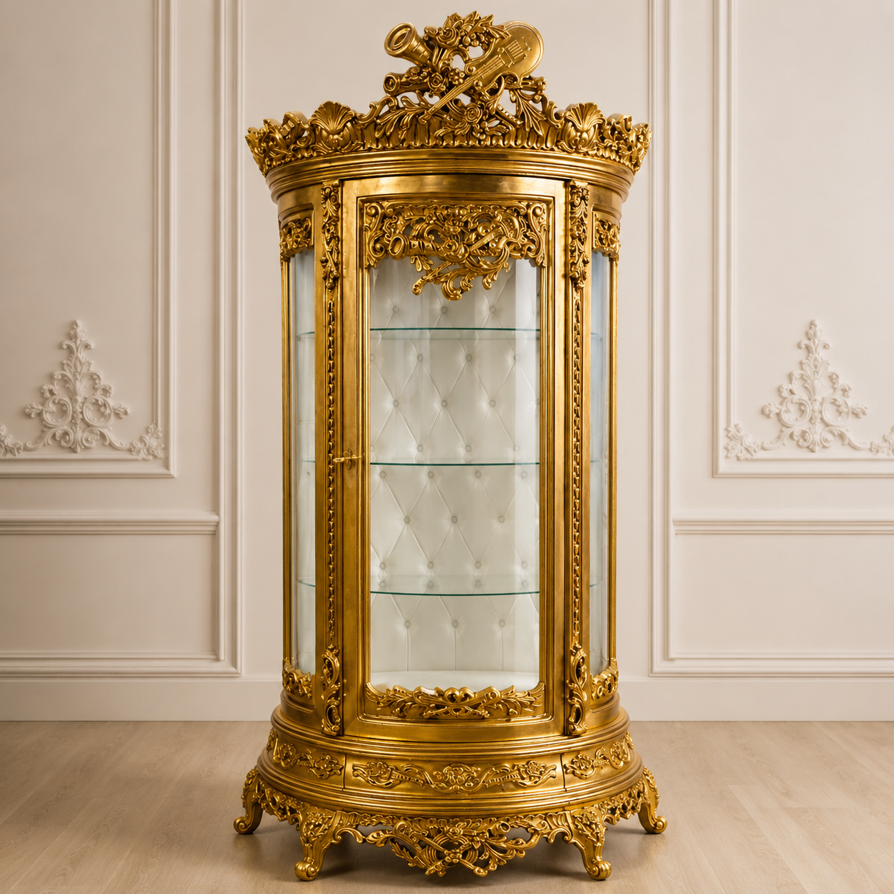 Large French Baroque Style Gold Leaf Display Cabinet – Ornate Glass Vitrine with Tufted Velvet Interior