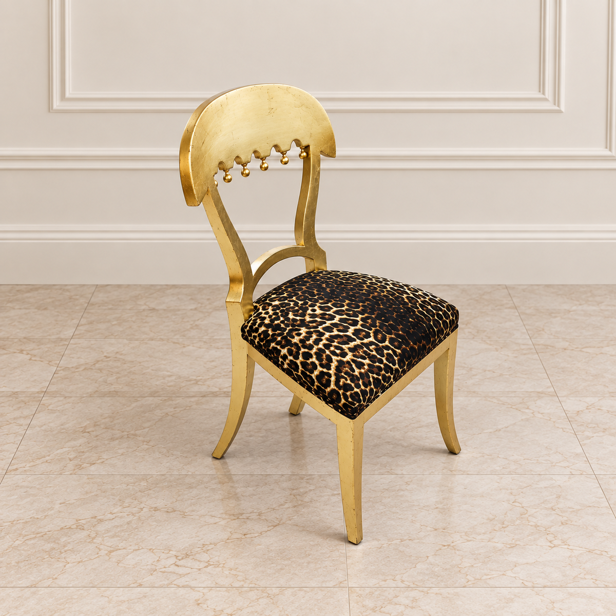 Glamorous French-Style Accent Chair – Gold Leaf Frame with Bold Animal Print Upholstery