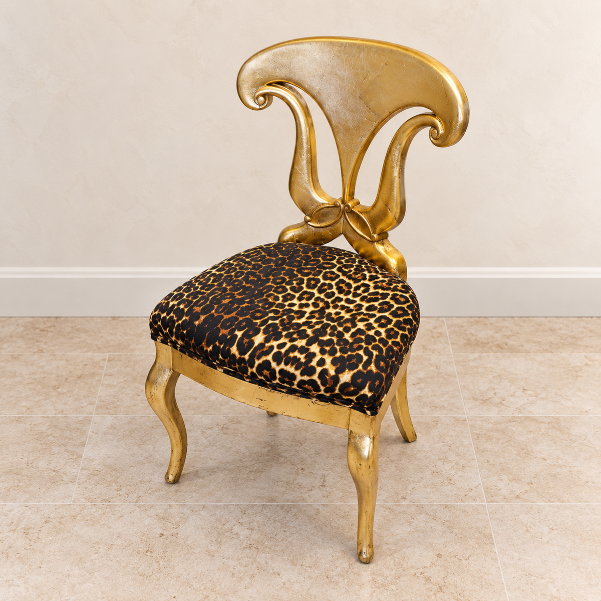 Gilded French-Style Accent Chair – Sculptural Gold Leaf Frame with Leopard Print Upholstery