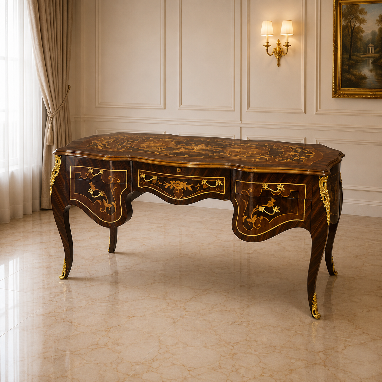 Luxury French Rococo Executive Desk – Ornate Wood Writing Desk with 5 Drawers, Gold Leaf & Bronze Accents