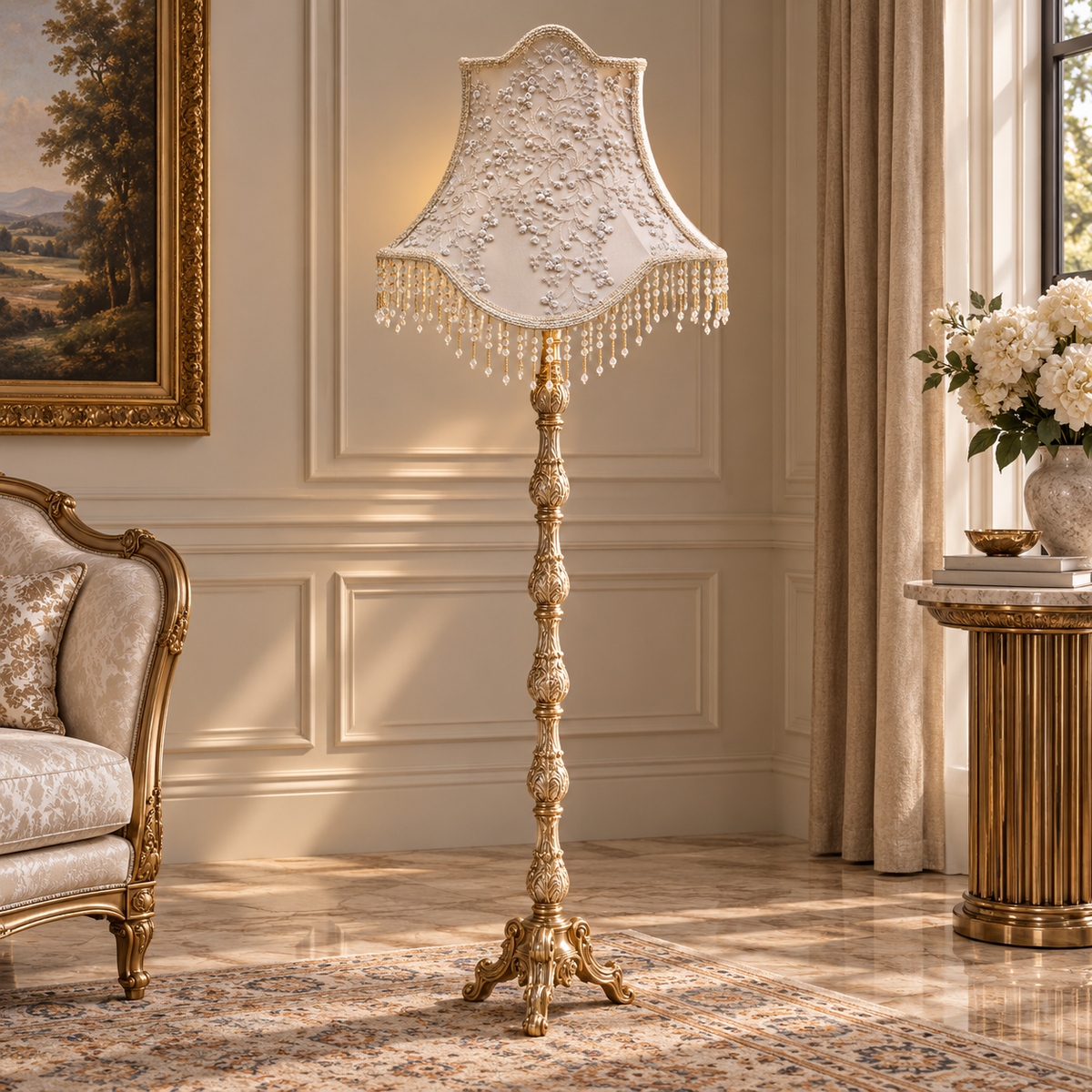 French-Style Gilded Floor Lamp – Ornate Gold Leaf Stand with Embroidered Ivory Shade & Crystal Fringe