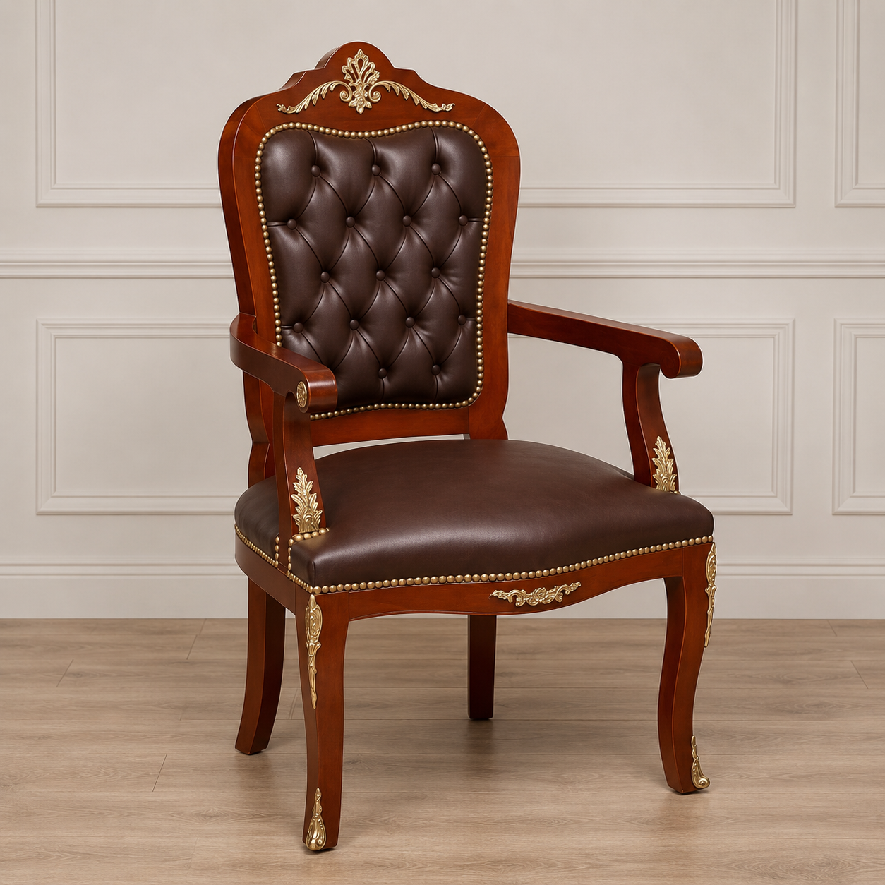 Luxury French Louis XV Brown Leather Tufted Armchair – Ornate Classic Accent Chair