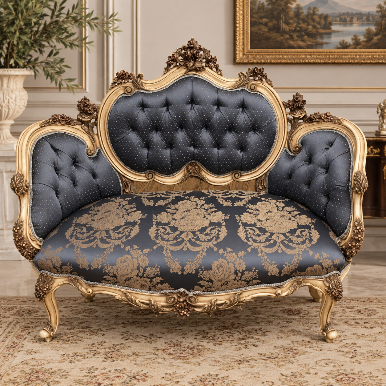 Luxury French Louis XV Style Settee – Midnight Blue Damask Upholstery with Hand-Gilded Gold Leaf Frame