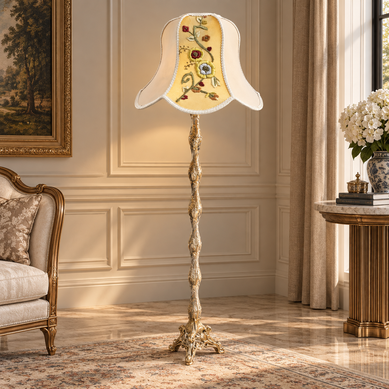 French-Style Gilded Floor Lamp – Ornate Gold Leaf Stand with Floral Embroidered Bell Shade