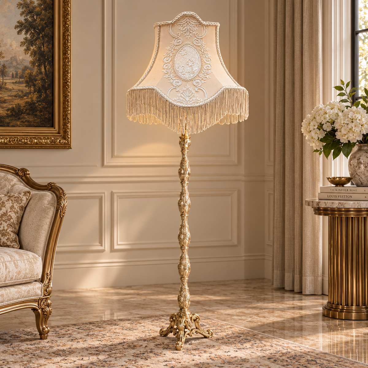 Ornate French-Style Floor Lamp – Gilded Gold Leaf Stand with Embroidered Ivory Shade & Fringe Trim
