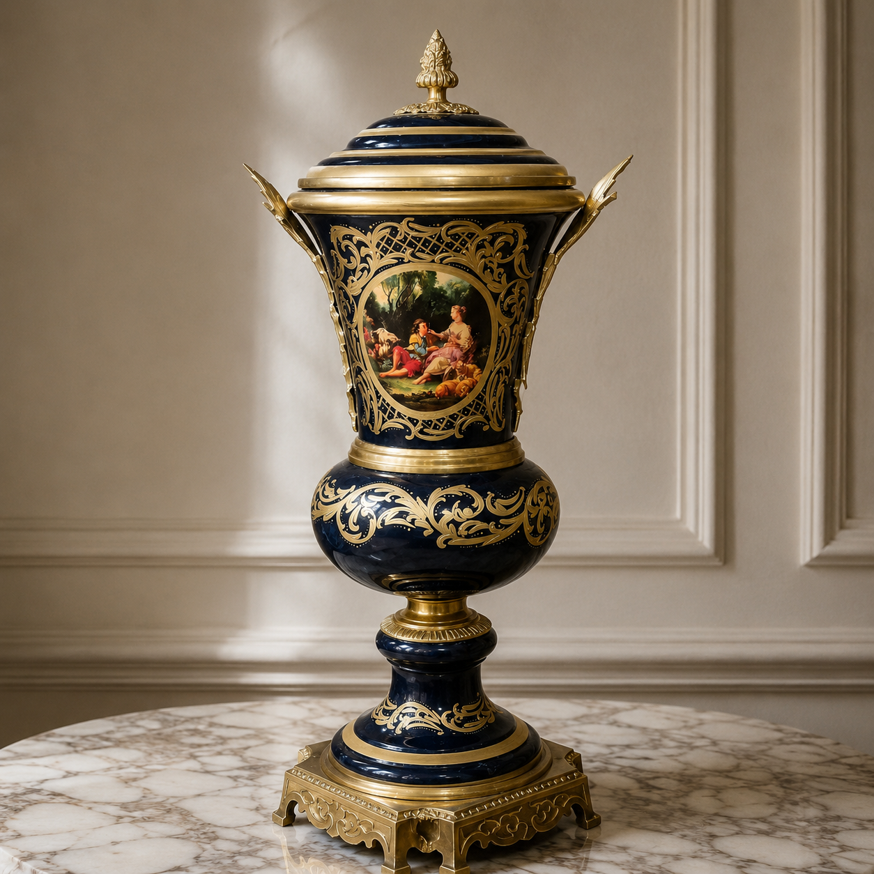 French-Style Navy Blue Porcelain Urn with Lid – Romantic Scenic Medallion, Gold Leaf & Ornate Bronze Details