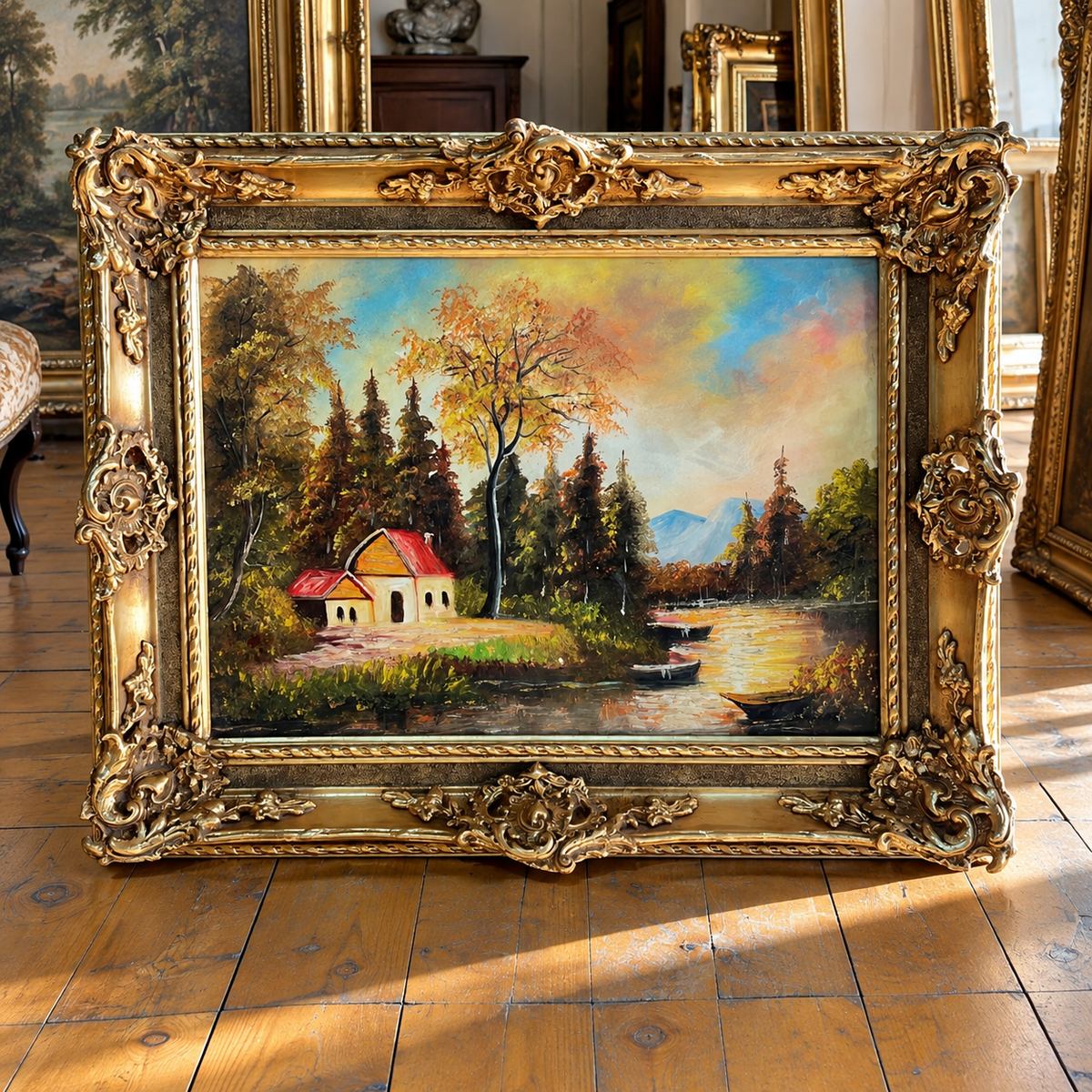 Rustic Woodland Landscape Painting – Lakeside Cottage Scene with Ornate Silver Leaf Frame