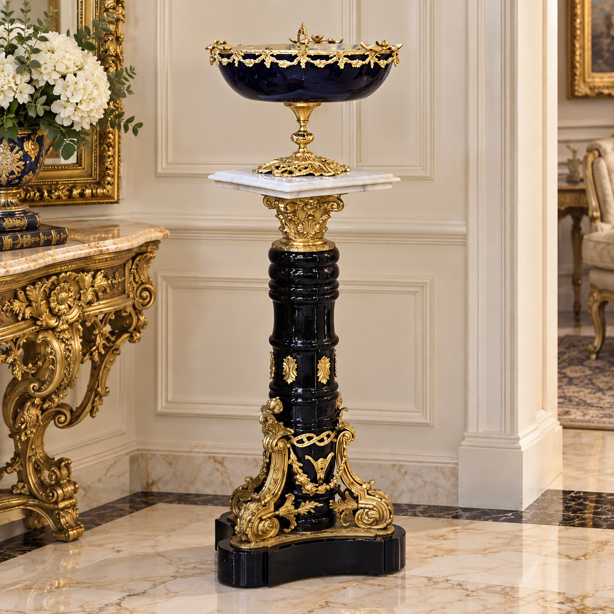 Ornate Rococo-Style Pedestal – Black Marble Finish with Gilded Gold Leaf Details