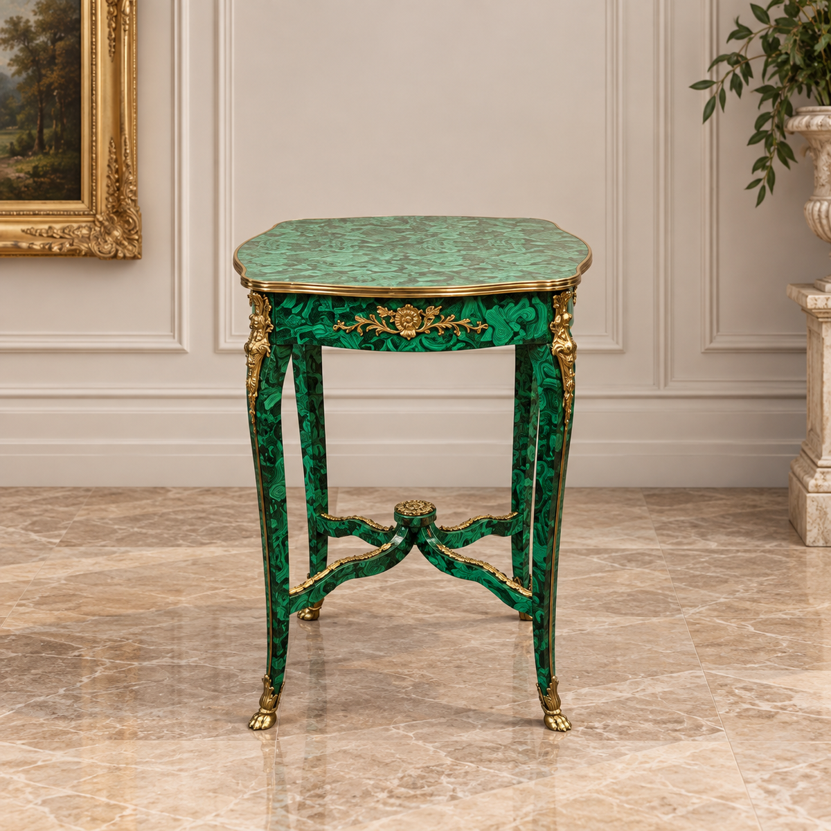 French Louis XV Style Emerald Green Side Table with Gold Leaf Accents and Ornate Gilded Bronze Details