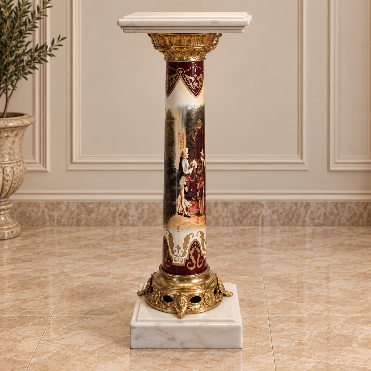 Ornate French-Style Porcelain Pedestal – Hand-Painted Details, Marble Top & Gilded Bronze Accents