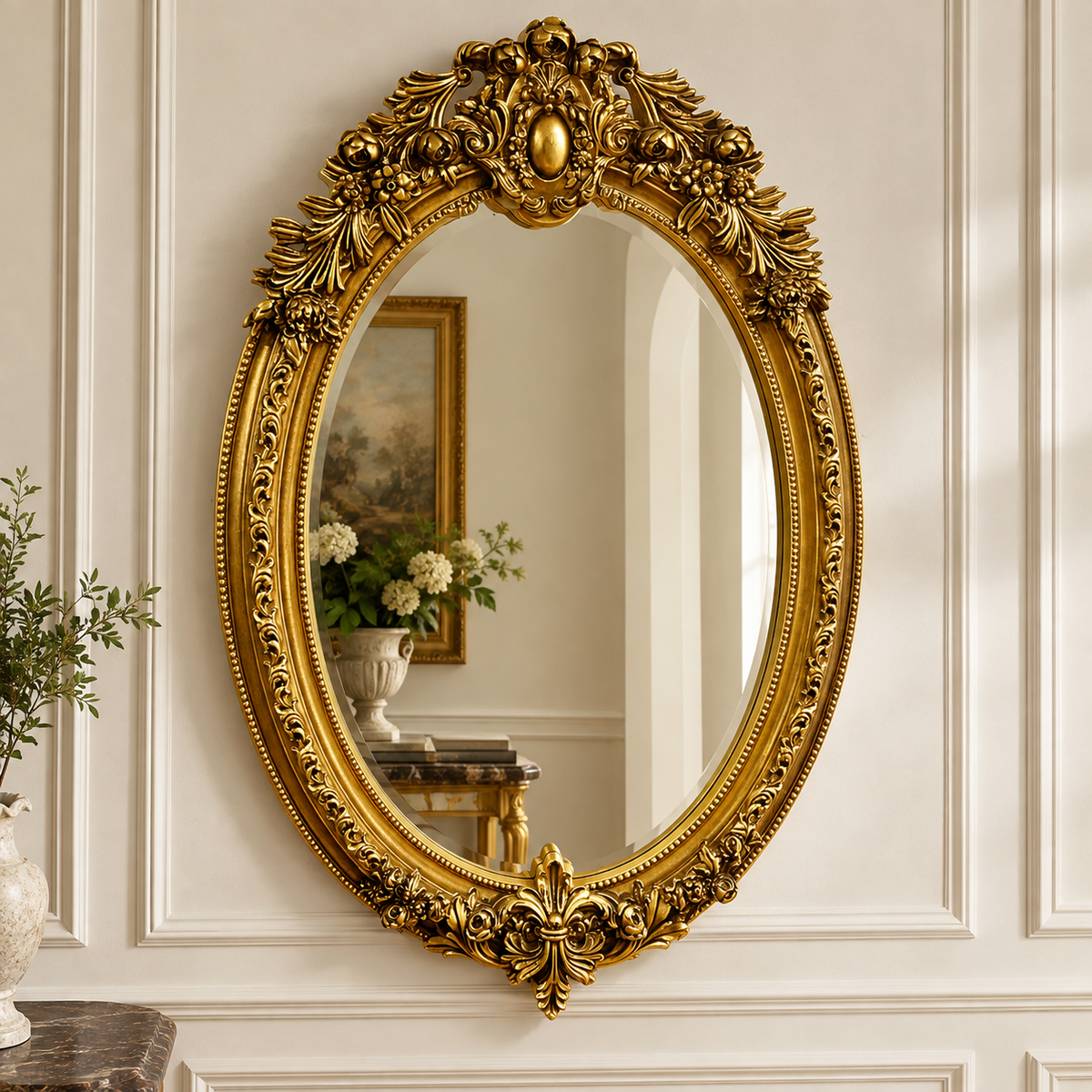 Ornate Gilded Oval Mirror – French-Inspired Frame with Sculpted Bow Detail