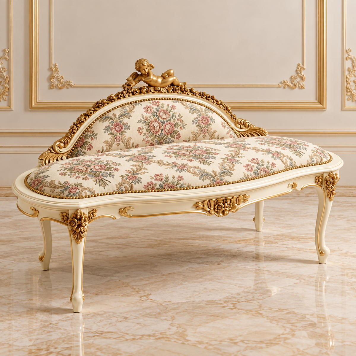 French-Style Settee – White Damask Upholstery, Gold Leaf Frame & Cherub Crest