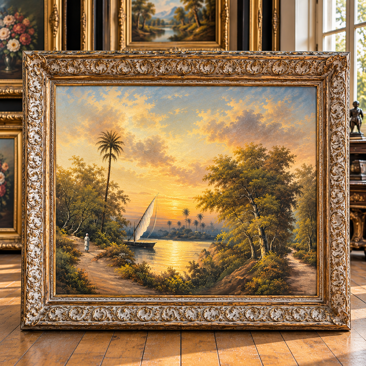 Romantic River Landscape Wall Art – Silver Leaf Ornate Frame with Sailboat & Golden Sunset