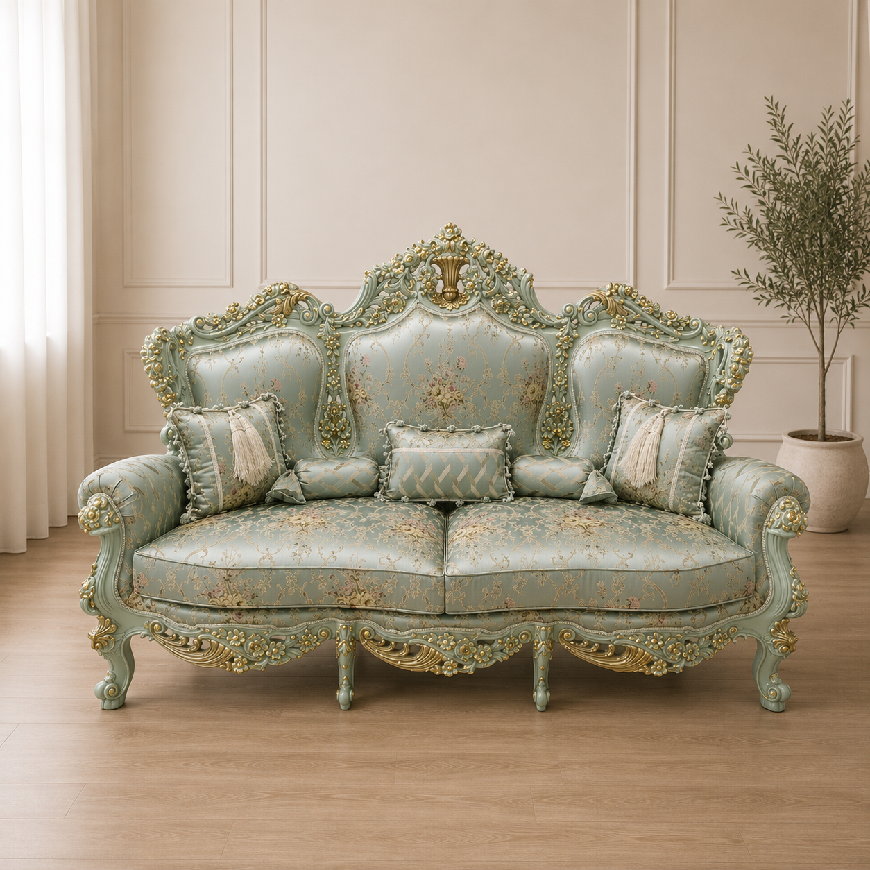 Sky Blue French Rococo Sofa – Ornate Gold Leaf Frame with Floral Damask Upholstery & 5 Decorative Pillows