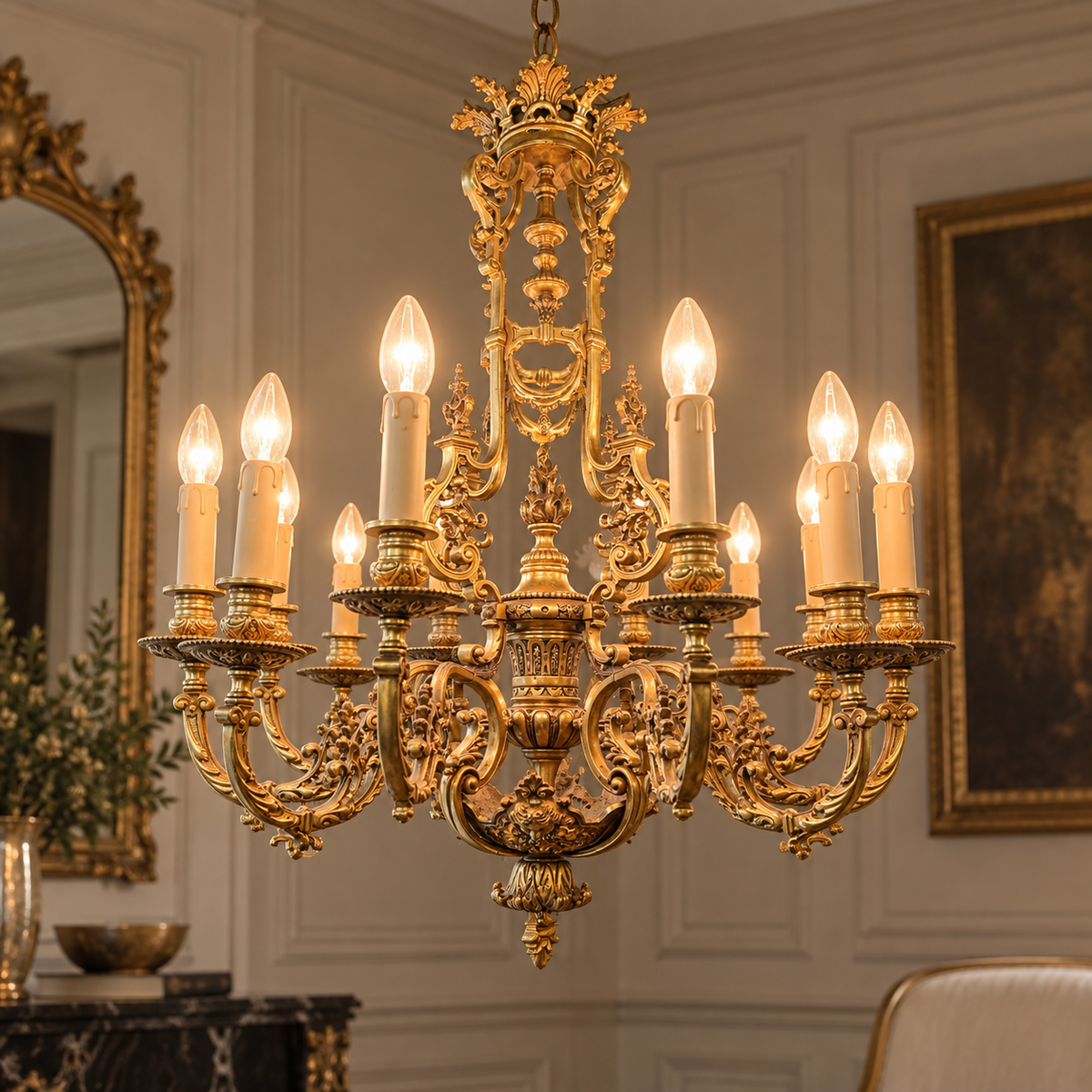 Grand French Rococo Chandelier – Ornate Bronze Frame with Gold Leaf & 10-Light Design