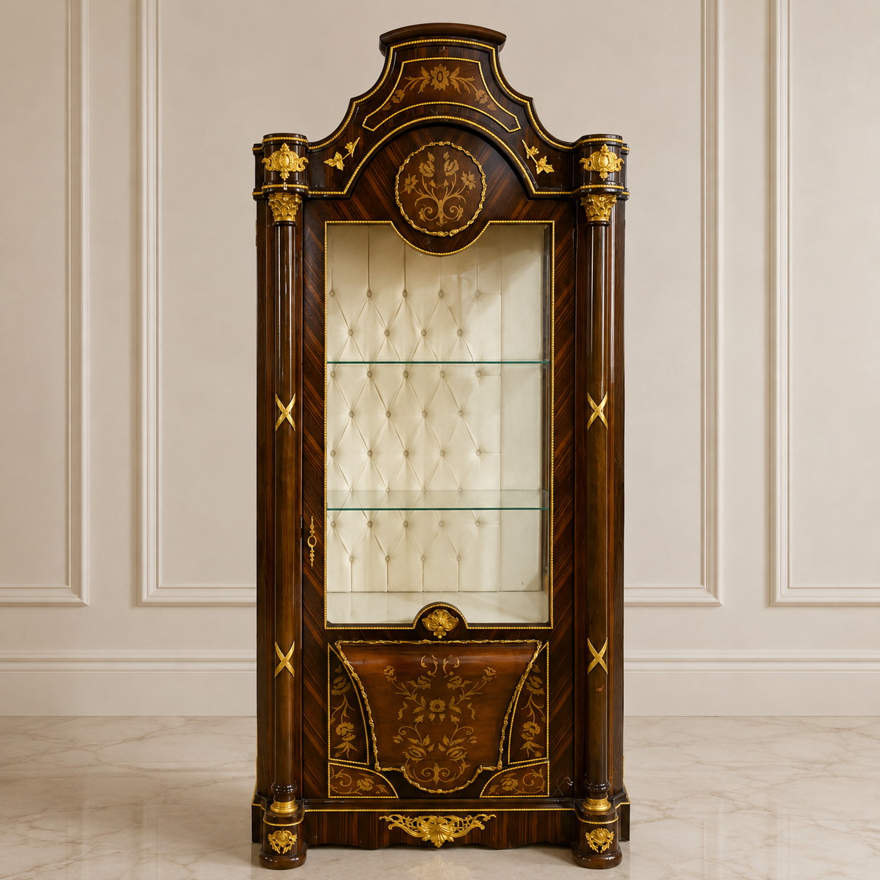 French Louis XV Style Grand Vitrine Cabinet – Ornate Solid Wood Display Case with Gold Details