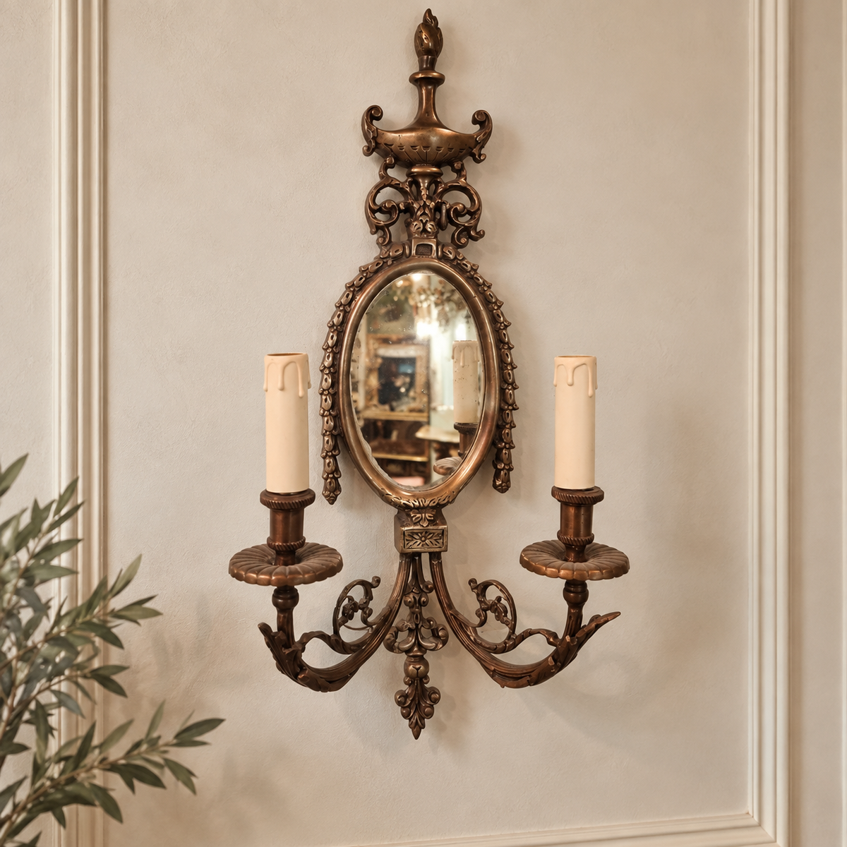 French-Style Bronze Two-Light Wall Sconce with Mirror – Ornate Scrollwork & Carved Details