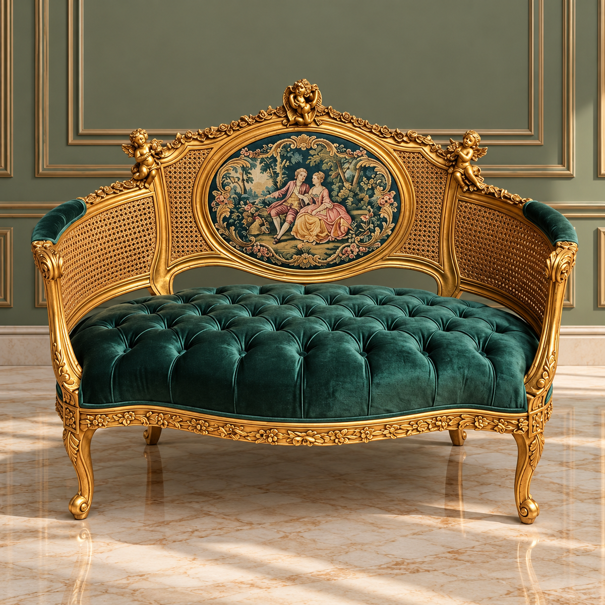 French-Style Sofa – Emerald Green Tufted Velvet, Gold Leaf Frame & Scenic Tapestry Panel
