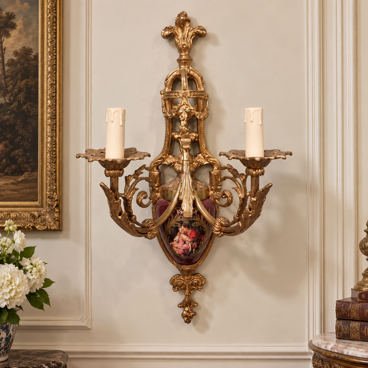 Elegant French Bronze and Gilded Wall Sconce with Ornate Foliate Scrollwork and Floral Decorative Plaque