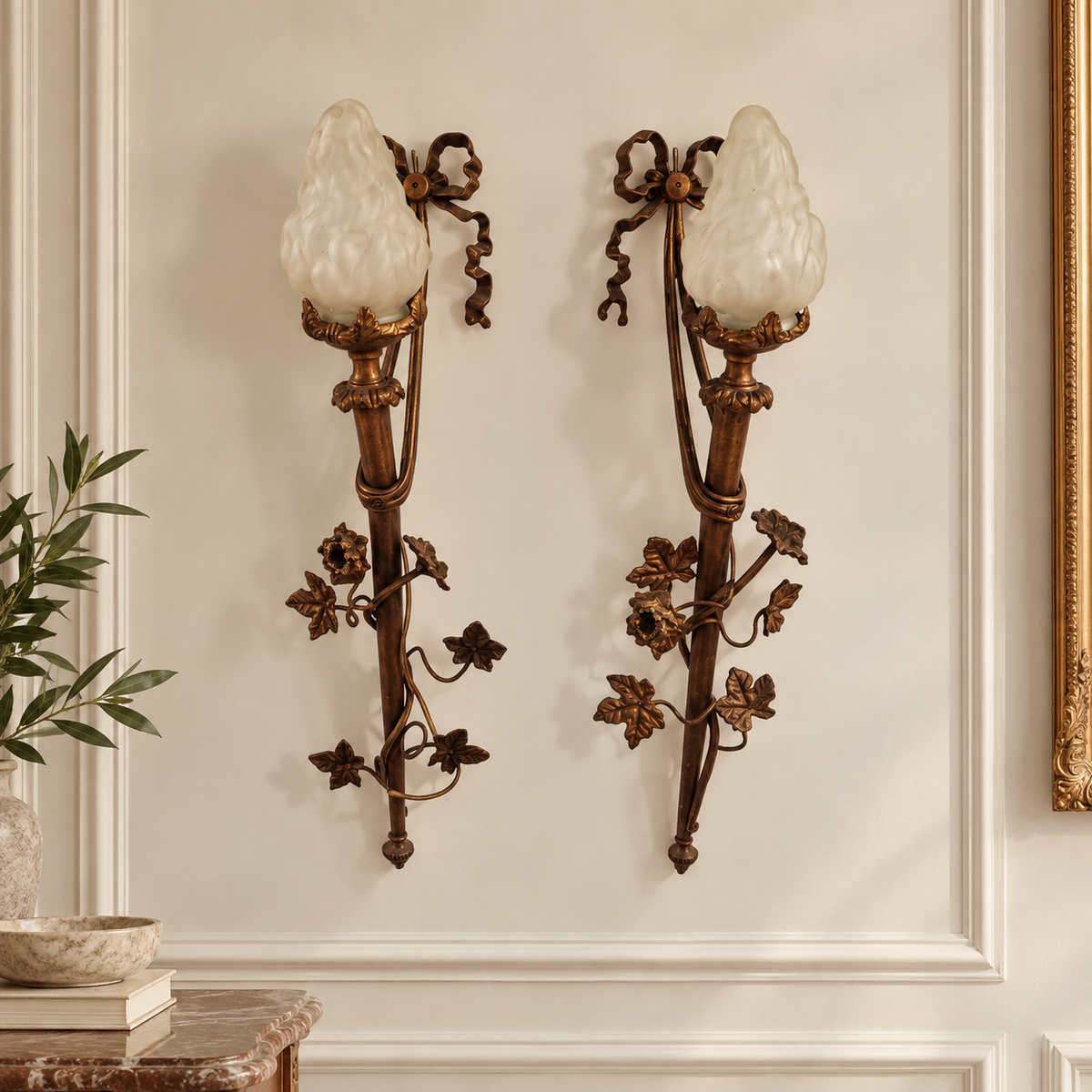 Pair of French-Style Gold Leaf Floral Wall Sconces with Sculptural Branches, Leaves and Flower-Shaped Glass Shades