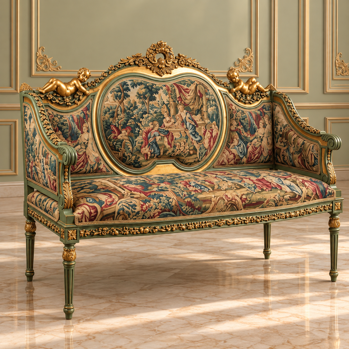 French-Style Settee Sofa – Floral Damask Upholstery with Gold Leaf Frame & Cherub Details