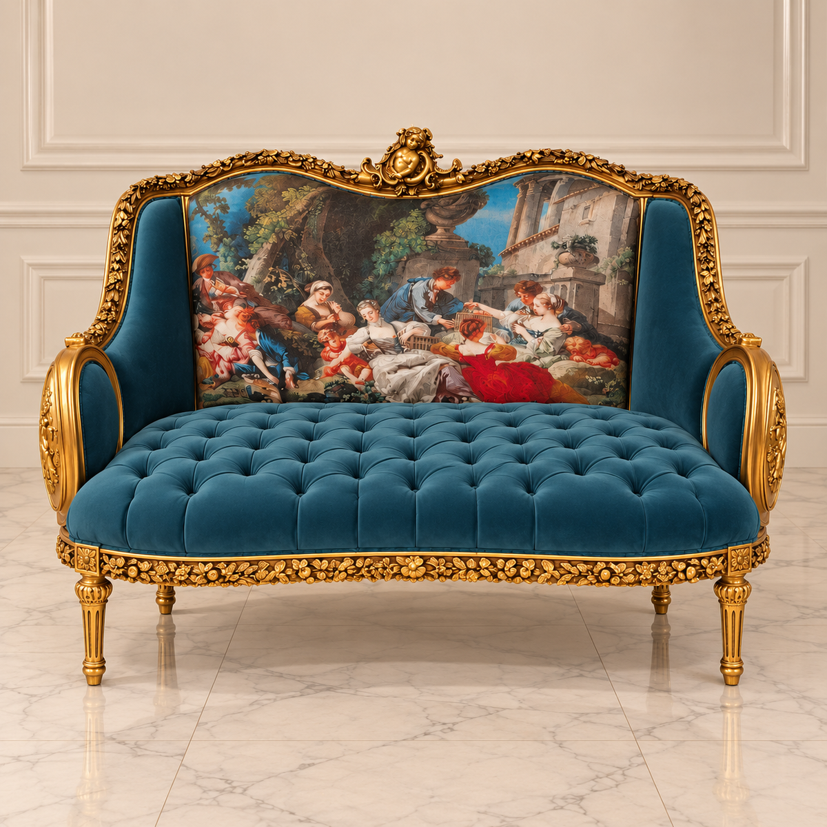French Rococo Style Sofa – Green Velvet Upholstery, Gold Leaf Frame & Romantic Scenic Panel