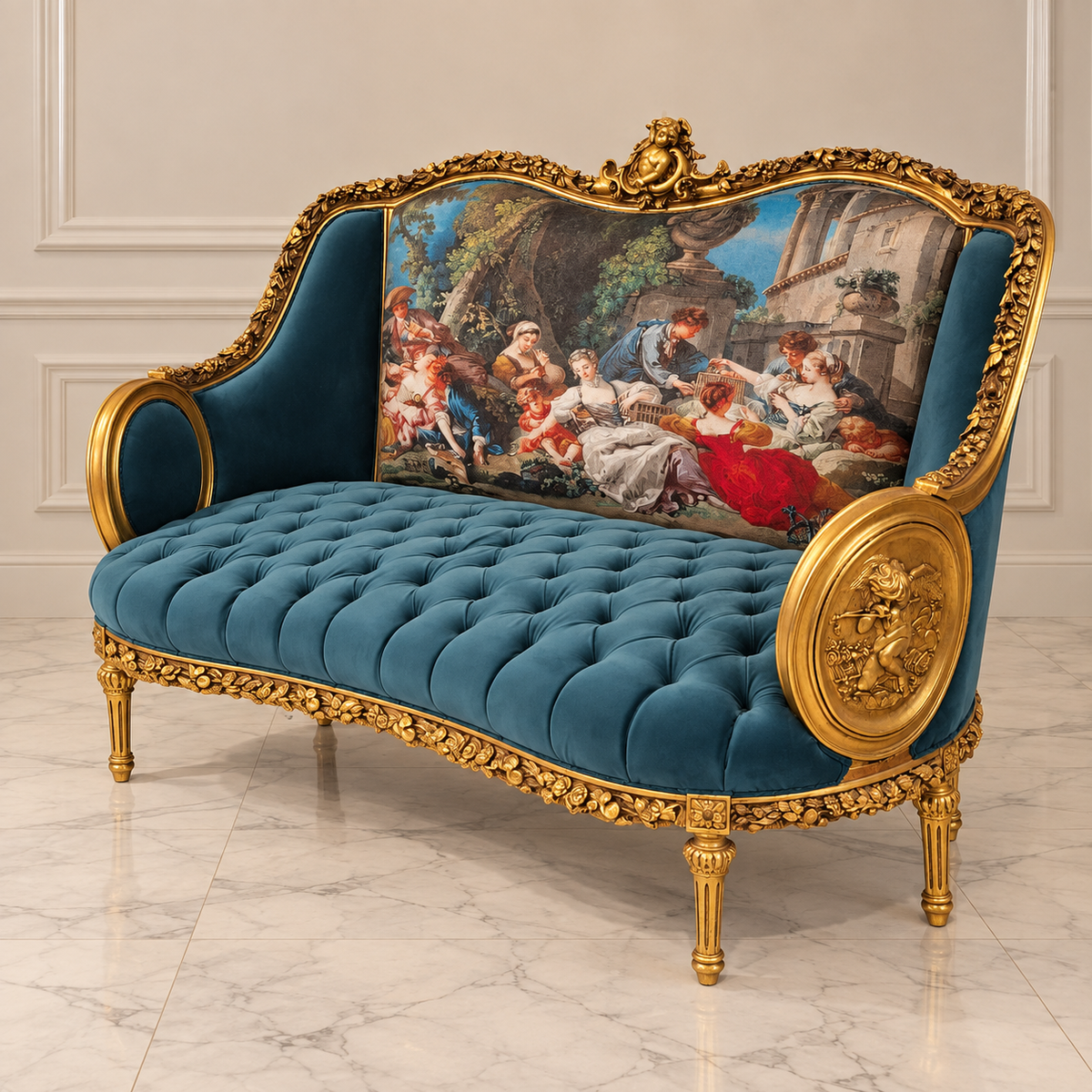 French Rococo Style Sofa – Green Velvet Upholstery, Gold Leaf Frame & Romantic Scenic Panel