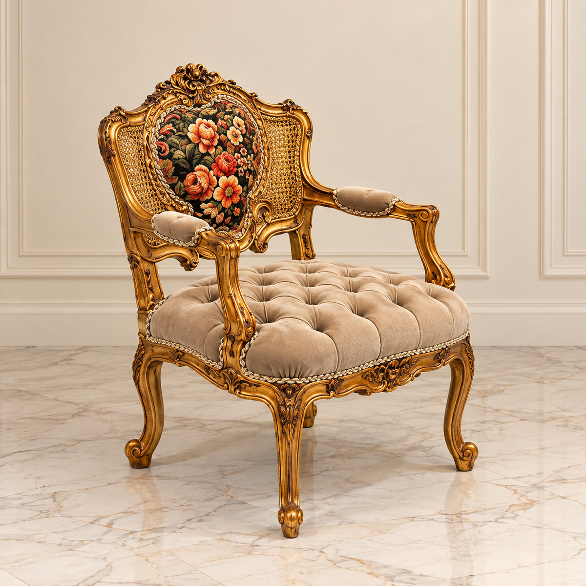 French Rococo Armchair – Beige Tufted Velvet, Ornate Gold Leaf Frame & Floral Medallion