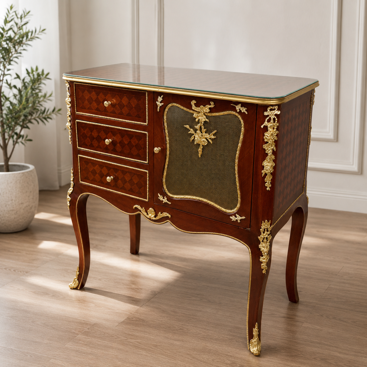 Luxury French Louis XV Chest of Drawers – Hardwood Cabinet with Gold Leaf Details & Geometric Inlay