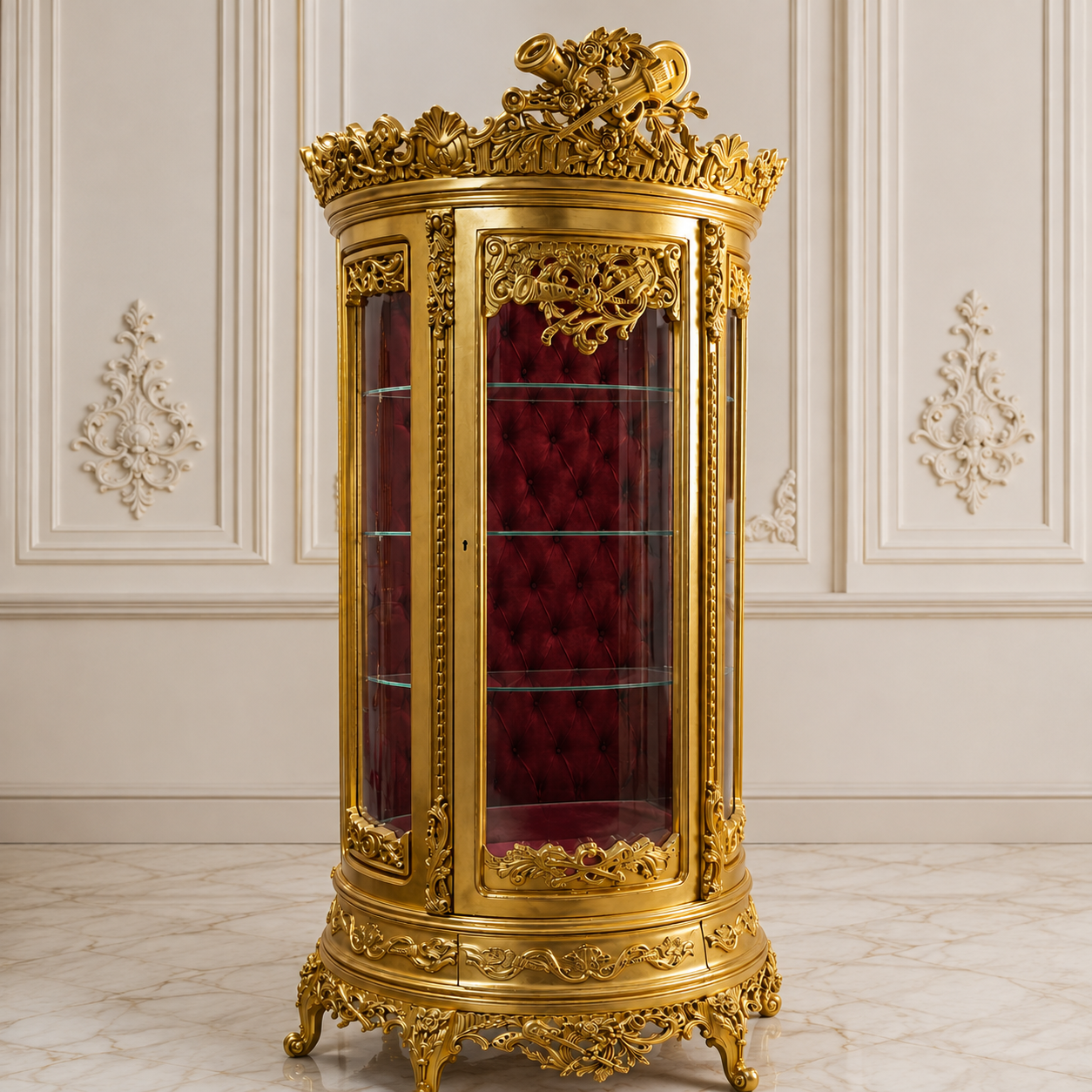 Large French Baroque Style Display Cabinet – Gold Leaf Glass Curio Vitrine with Burgundy Velvet Interior