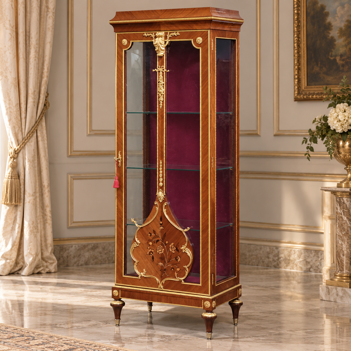 Ornate French Louis XVI Style Curio Cabinet – Marquetry Inlay, Glass Shelves & Gilt Bronze Details