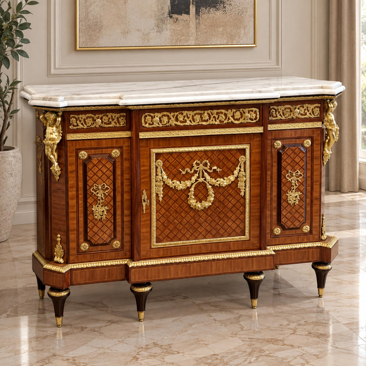 Regal French Louis XVI Sideboard – Marble Top with Ornate Gilded Bronze & Gold Leaf Accents