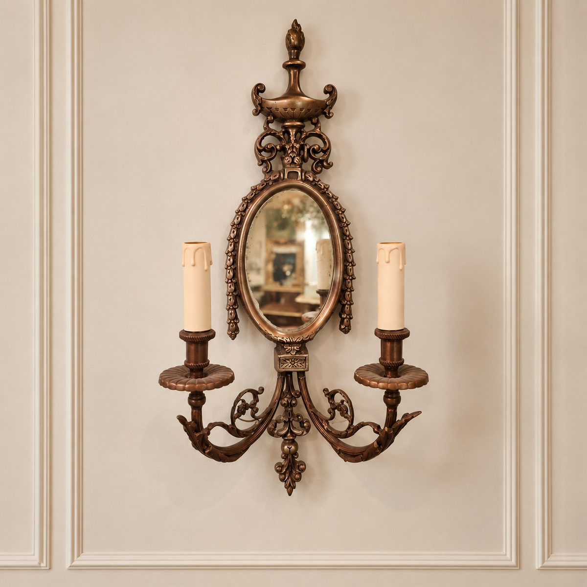 French-Style Bronze Two-Light Wall Sconce with Mirror – Ornate Scrollwork & Carved Details