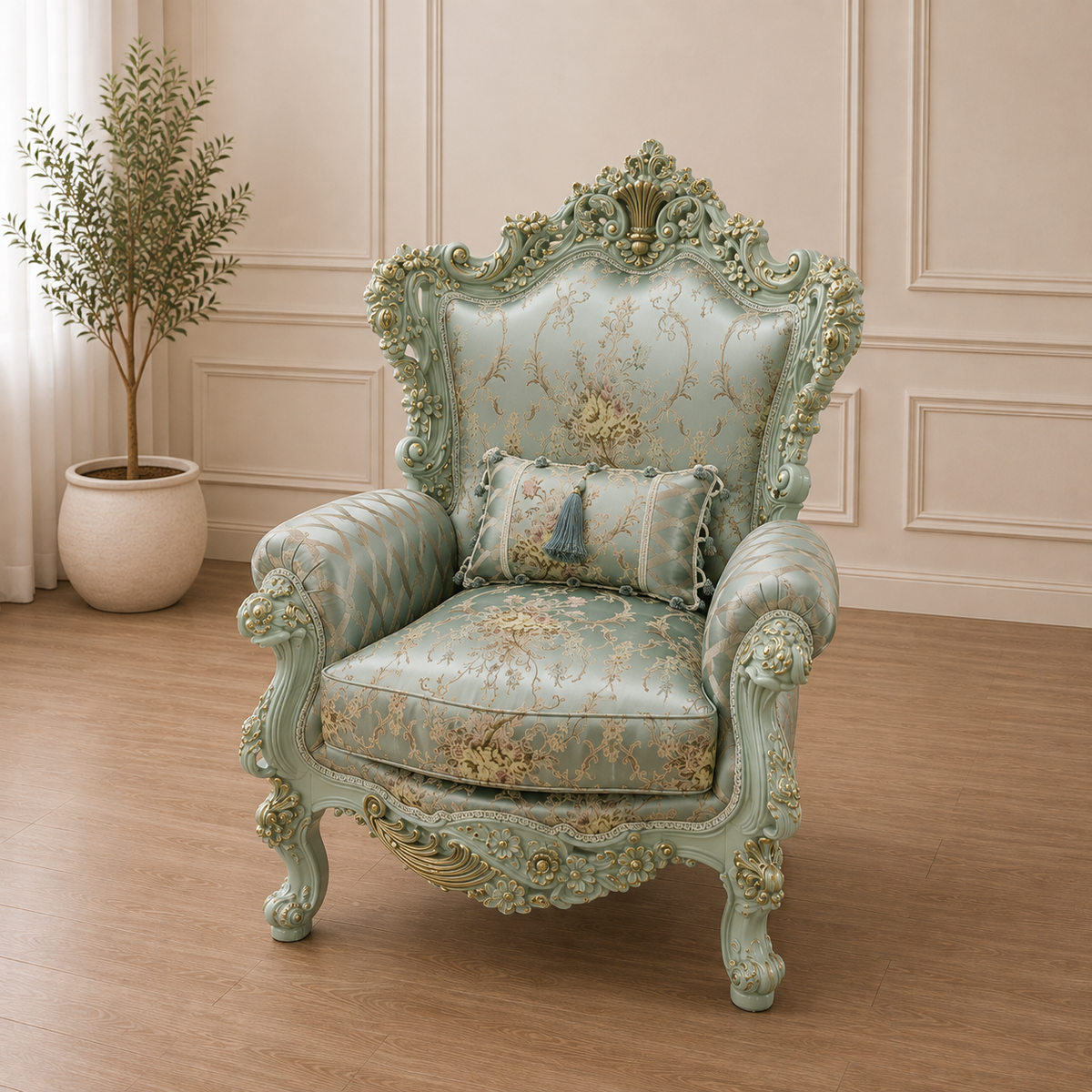 Luxury French Louis XV Style Armchair – Sky Blue Damask Upholstery with Silver Leaf Details