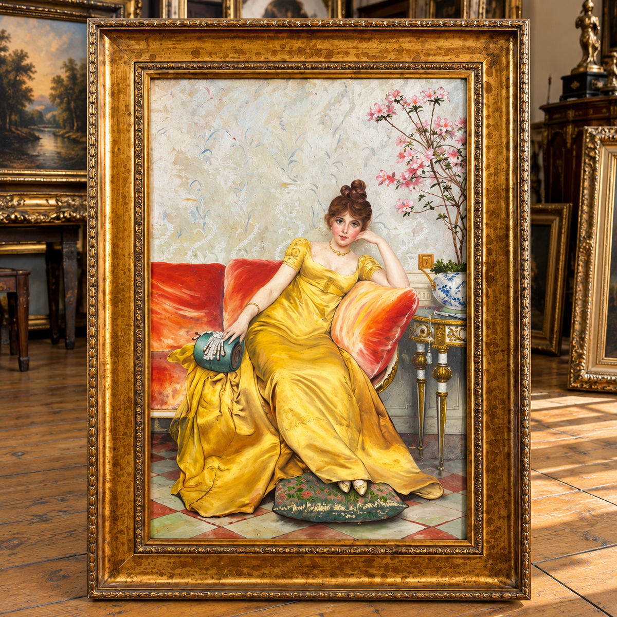 Elegant European Portrait Wall Art – Woman in a Golden Yellow Gown with Ornate Gold Leaf Wood Frame