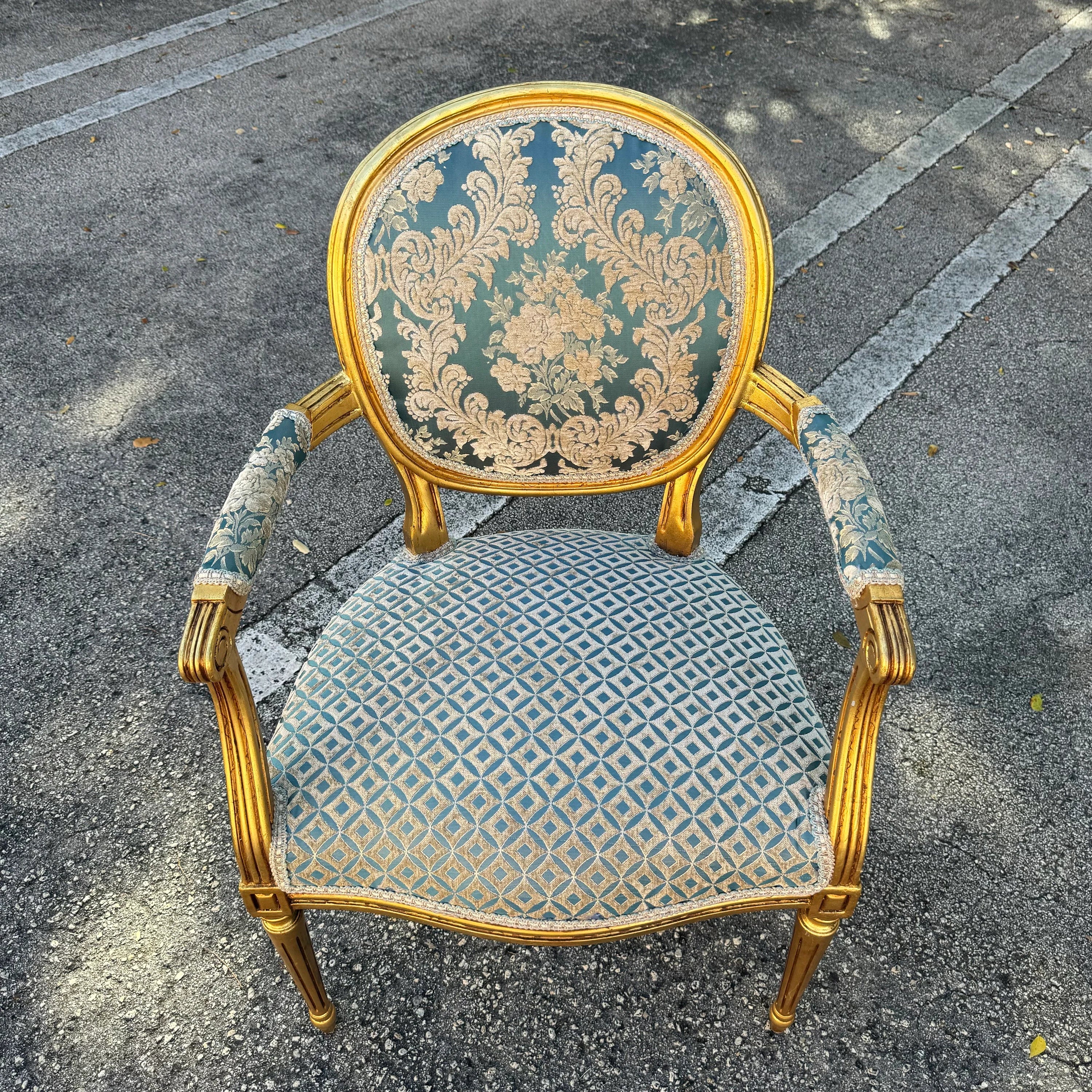 French Rococo Baroque Blue Damask Chair with Gold Leaf Details