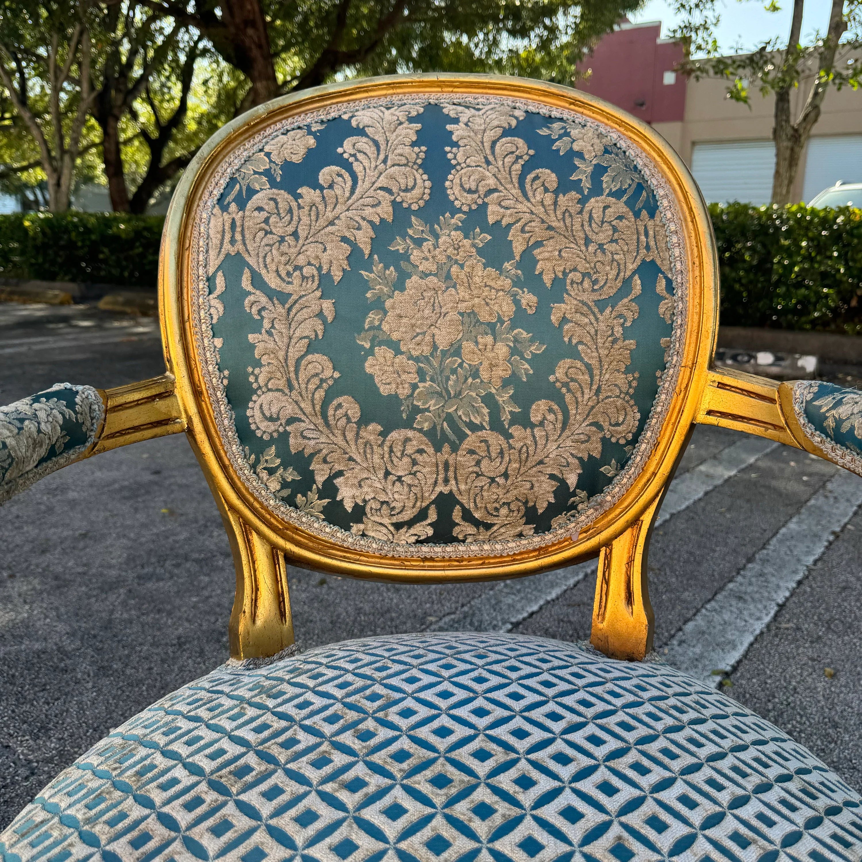 French Rococo Baroque Blue Damask Chair with Gold Leaf Details