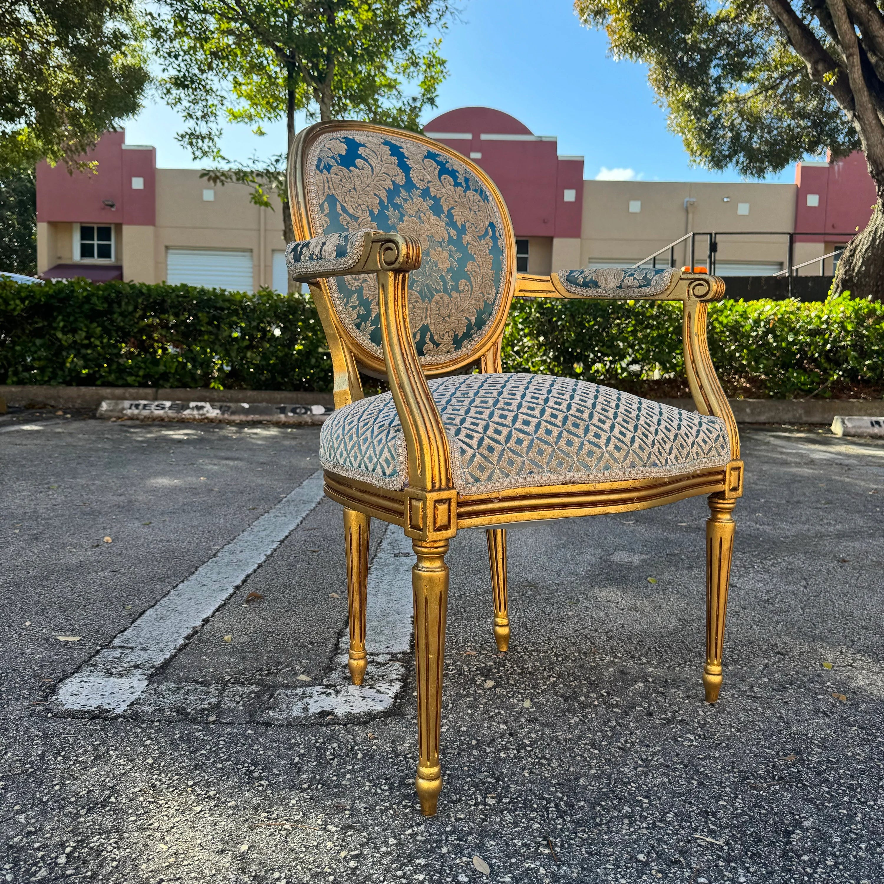 French Rococo Baroque Blue Damask Chair with Gold Leaf Details