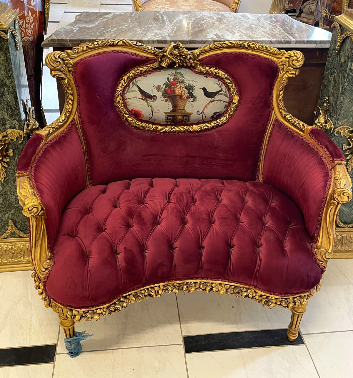 French Rococo Settee – Burgundy Velvet Upholstery with Ornate Gilded Louis XV Frame